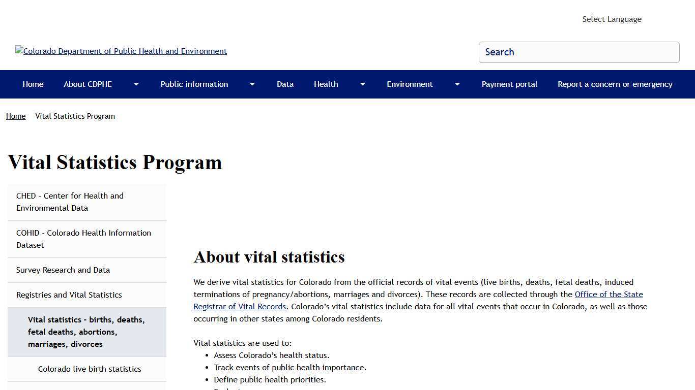 Vital Statistics Program Colorado Department of Public Health and Environment