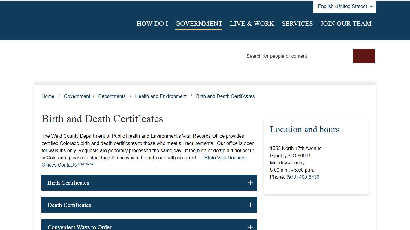 Birth and Death Certificates – Weld County