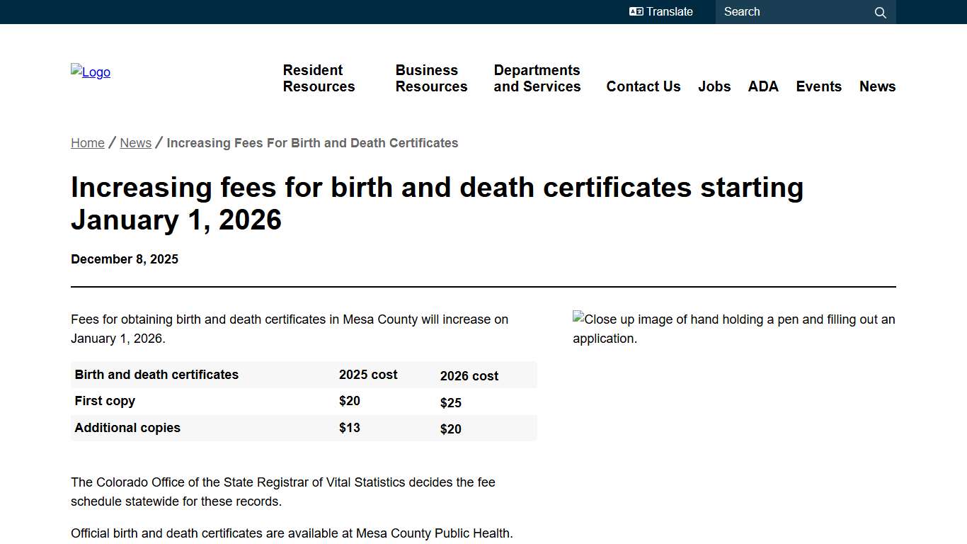 Increasing fees for birth and death certificates starting January 1, 2026 Mesa County